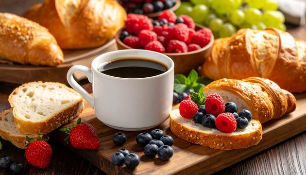 Fresh breakfast pastries and coffee with berries