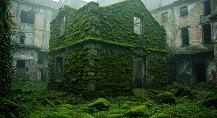 Moss-Covered Stone Ruins in Overgrown Courtyard, Abandoned Building, Foggy Atmosphere