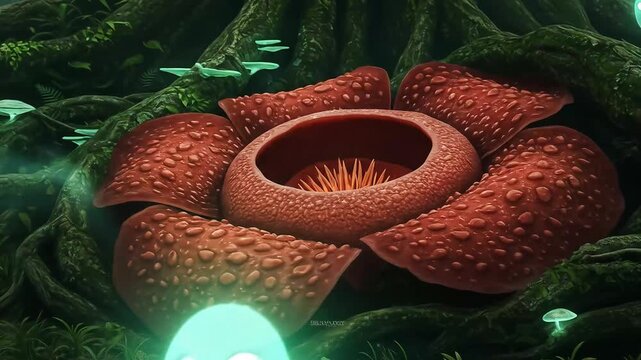 A red Rafflesia flower is surrounded by lush greenery and glowing sprites under a tree