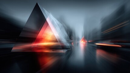 Abstract Cityscape At Night With A Glowing Red And Gray Triangle