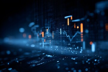 A dark blue background with glowing data visualization graphics of graphs and charts. The focus is on the holographic appearance of digital bar graphs,