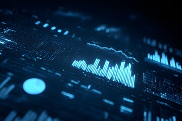 A dark blue background with glowing data visualization graphics of graphs and charts. The focus is on the holographic appearance of digital bar graphs,