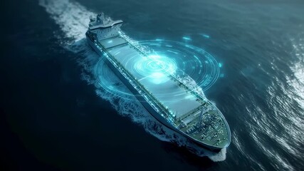 Autonomous cargo ship navigating the vast ocean, utilizing a holographic augmented reality interface for real time data analysis and processing, enhancing maritime logistics and efficiency - Powered by Adobe