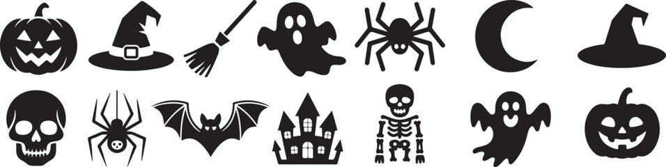 Halloween silhouette vector icons set with symbolic vector illustrations in black silhouette style