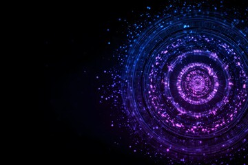 A dark background with blue and purple neon lights forming an intricate circular pattern, surrounded by glowing data points and lines representing digital technology.