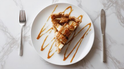 A classic autumn apple pie slice drizzled with caramel, top view, minimal white backdrop highlighting its warm tones.