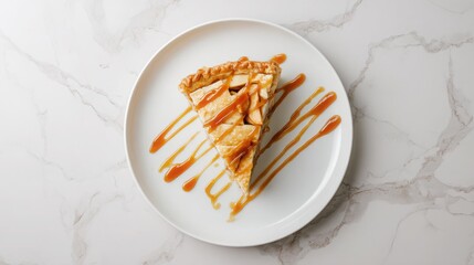 A classic autumn apple pie slice drizzled with caramel, top view, minimal white backdrop highlighting its warm tones.
