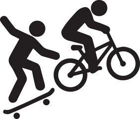 Obraz premium Skateboarder and cyclist performing stunts black white