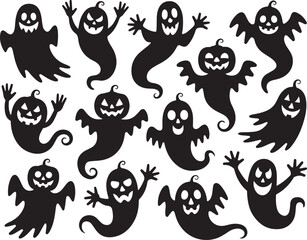 Halloween seamless pattern ghosts vector set with pumpkins face icons
