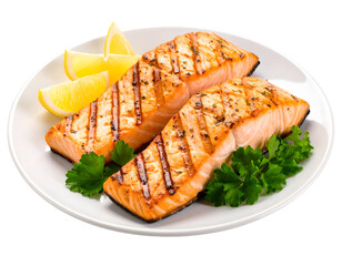 plate of grilled salmon with lemon and herbs isolated on transparent png