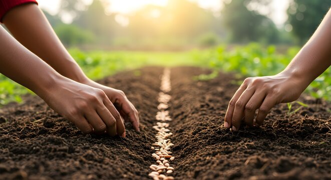 Close-up view of two people planting seeds in a freshly tilled garden bed, with sunlight.