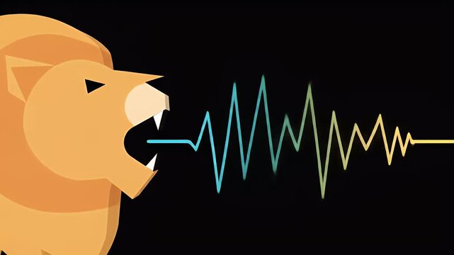 Flat Minimalist Cartoon Lion Roaring With Vector Waveform On Black Background Suitable For Clean Motion Design And Logo Animation