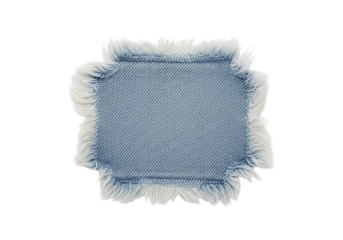 Light blue denim fabric swatch, torn with frayed edges and visible twill weave, isolated on a plain white background with no shadows from a top view, concept of fabric material texture