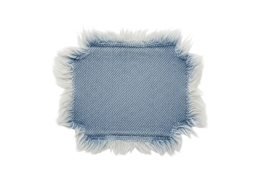 Light blue denim fabric swatch, torn with frayed edges and visible twill weave, isolated on a plain white background with no shadows from a top view, concept of fabric material texture