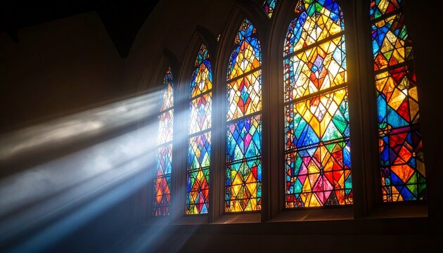 Classic stained windows with radiant light beams.