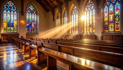 Obraz premium Golden light streaming through stained windows in old chapel.