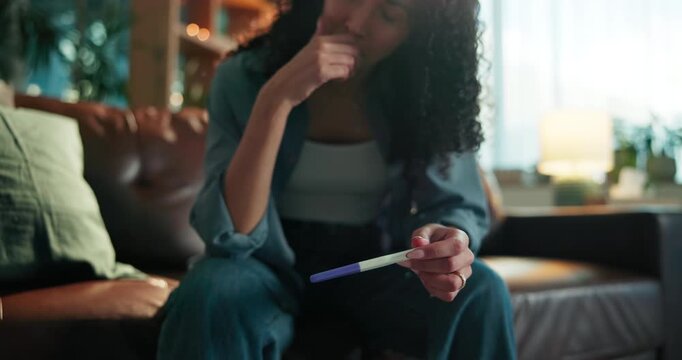 Hands, woman or stress with pregnancy test on sofa for negative results, bad news and IVF fail. Disappointed, girl or upset with stick outcome in home for infertility, ovulation planning or disbelief