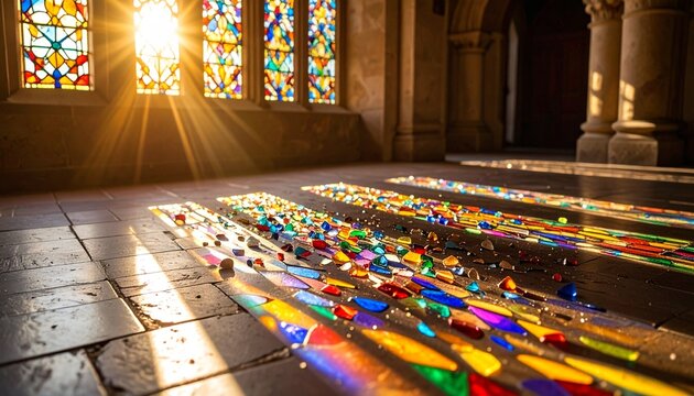 Light and color spill from stained glass tiles.