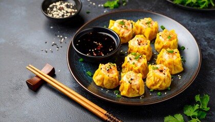 Shrimp Chinese Steamed Dumpling, Dim Sum, With Sauce Dimsum Is A Chinese Traditional Food.