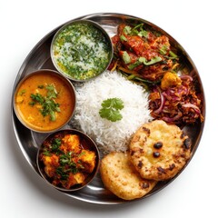 Assorted Indian dishes on a metal platter