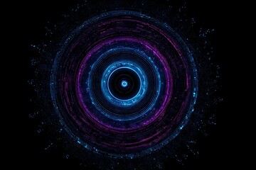 A circular pattern of glowing blue and purple data points on a black background, with a central point surrounded by concentric circles,