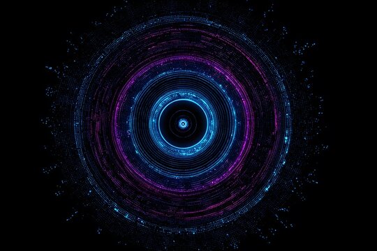 A circular pattern of glowing blue and purple data points on a black background, with a central point surrounded by concentric circles,