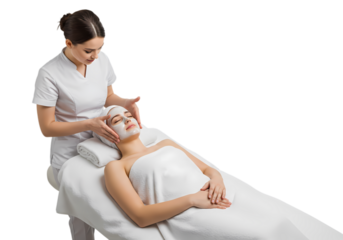 Professional Beautician Applying Facial Mask Treatment on Transparent background