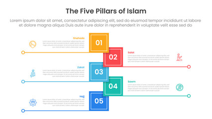 five pillars of islam infographic template banner with vertical timeline shape square shape with line bottom with 5 point list information for slide presentation