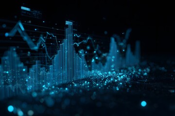 A dark blue background with glowing data visualization graphics of graphs and charts. The focus is on the holographic appearance of digital bar graphs,