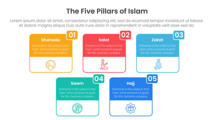 five pillars of islam infographic template banner with big box table outline header badge with 5 point list information for slide presentation