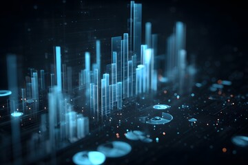 A dark blue background with glowing data visualization graphics of graphs and charts. The focus is on the holographic appearance of digital bar graphs,