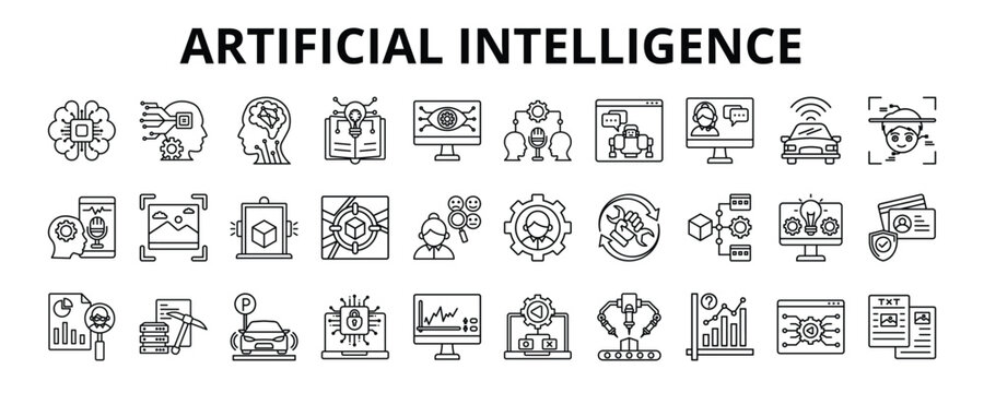 30 Artificial Intelligence Line Icons Vector - AI brain, Machine learning, Chatbot, Robotic Process, Computer vision, Virtual assistant 
