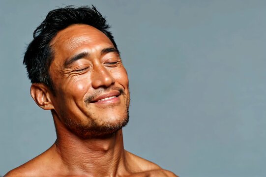 Calm Breathing Loop of Mature Asian Man &ndash; Wellness Ad Copy Space