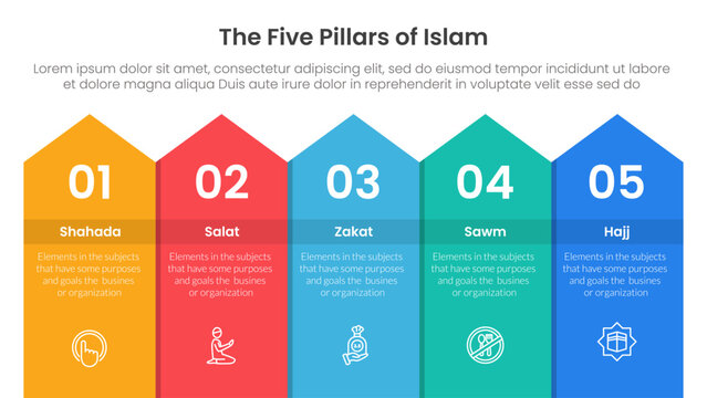 five pillars of islam infographic template banner with long rectangle top arrow with 5 point list information for slide presentation