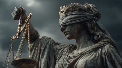 Blindfolded statue symbolizing law and justice, representing judgement, enforcement, and freedom under a dramatic, moody sky.

