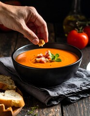 Hand placing crouton in bowl of tomato soup