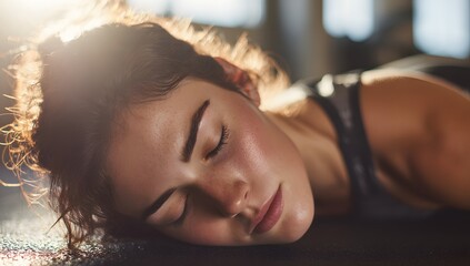 Serene woman relaxing by pool in golden sunset light with peaceful closed eyes creating tranquil spa wellness atmosphere