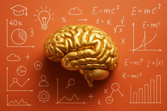 Golden brain with scientific and mathematical symbols on orange background illustrating analytical thinking and cognitive intelligence concept.