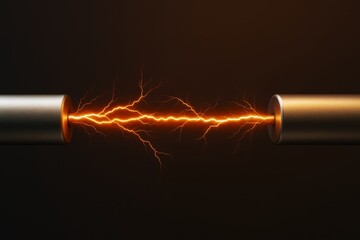 Electric arc connecting two metallic rods with glowing orange lightning on a dark background, symbolizing energy transmission and power concept.