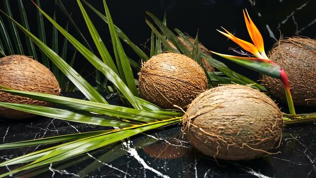 Arrangement of natural coconuts and tropical leaves on a dark marble surface with vibrant flower