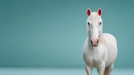 Elegant white horse standing gracefully against a serene blue backdrop. Christmas and New Year. Year of the horse