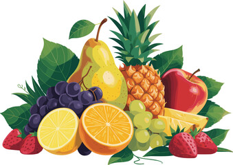 Assorted Collection of Ripe and Delicious Fruits with Green Leaves, Including Pear, Pineapple, Apple, Grapes, Oranges, Strawberries, and Lemons, Flat Vector Illustration