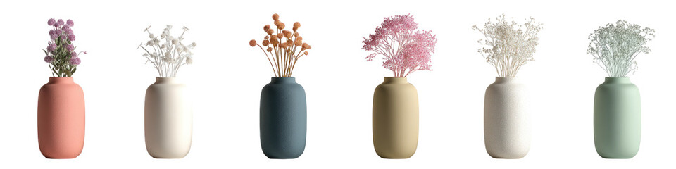 Assorted small vases with dried flower arrangements