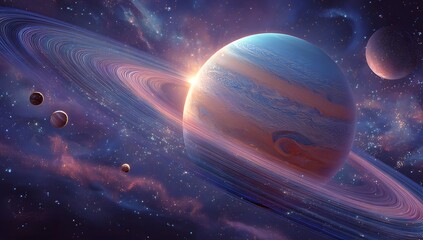 Obraz premium Stunning view of a ringed planet and its moons in deep space with glowing light