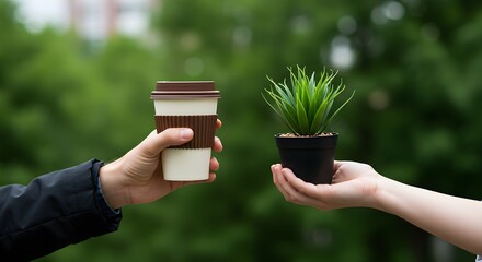 Two hands exchanging a coffee cup and a potted plant, symbolizing sustainability and connection.