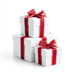 Fototapeta premium Three white gift boxes stacked, adorned with red ribbons and bows (1)