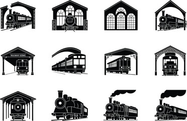 Obraz premium A collection of twelve black and white train icons in various styles and angles