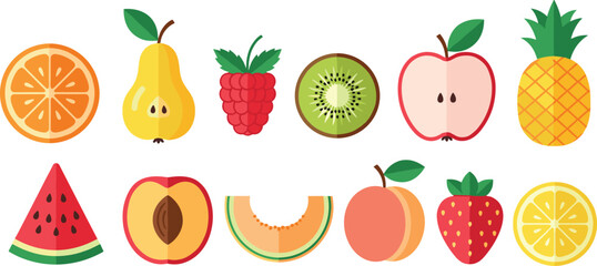 Assorted Collection of Vibrant Flat Design Fruit Icons, Including Orange, Pear, Raspberry, Kiwi, Apple, Pineapple, Watermelon, Peach, Melon, Strawberry, and Lemon, Flat Vector Illustration