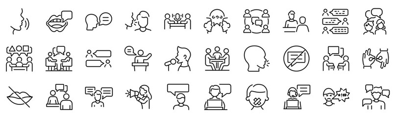 Set of 30 outline icons related to speaking, talking. Linear icon collection. Editable stroke. Vector illustration