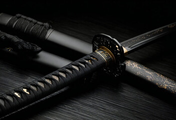 日本刀のディテールと黒漆塗りの鞘